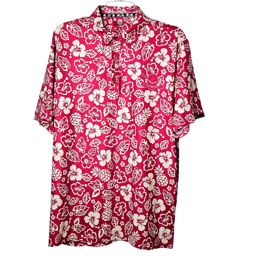Tattoo Golf Performance Aloha Collection Pink Tropical Skull Polo Shirt Mens M